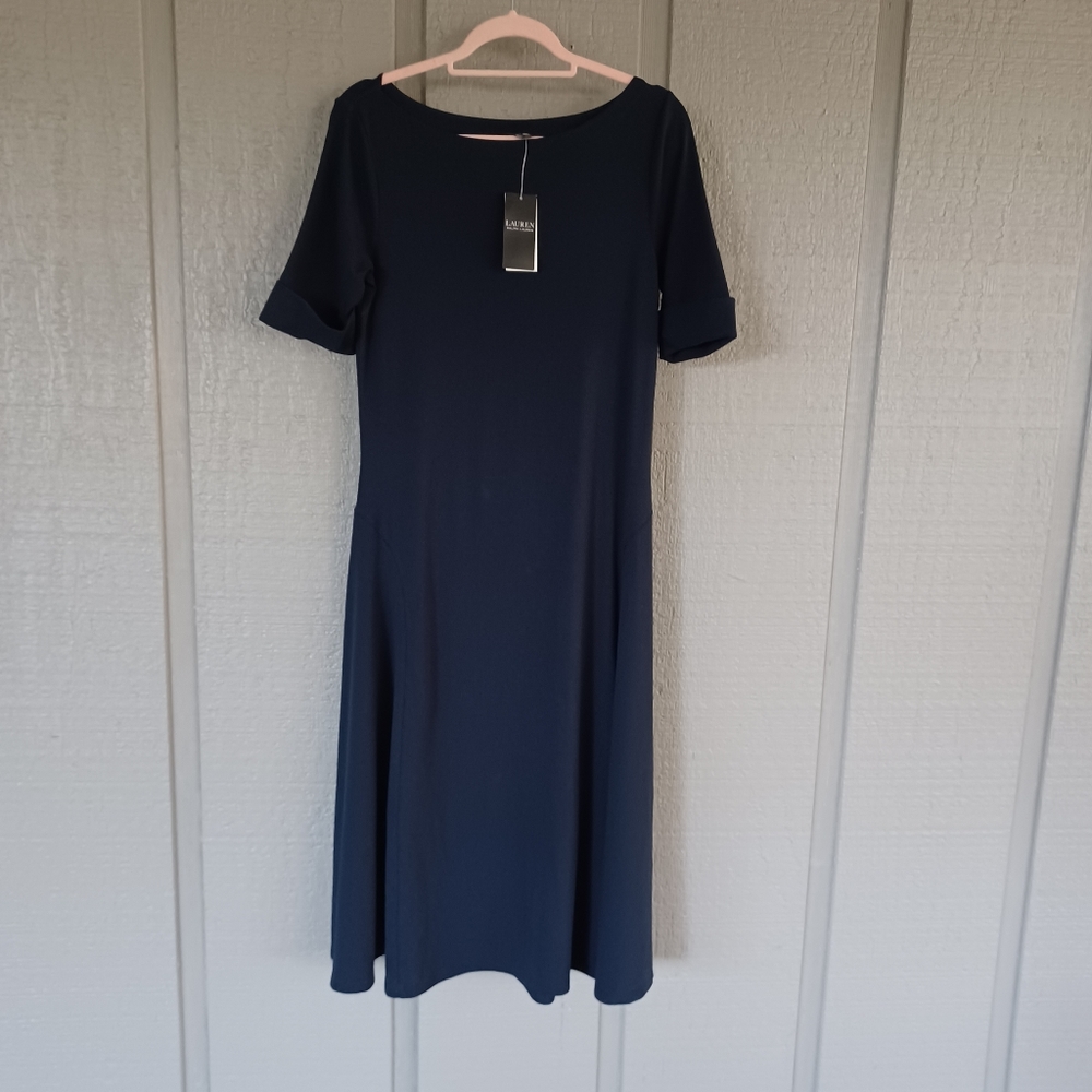 Lauren Ralph Lauren Navy Midi Dress SZ L Women Cotton Blend Short Sleeve Preppy